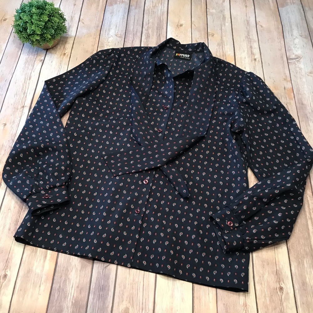 Vintage Navy Blue Paisley Blouse Bow Tie Medium
